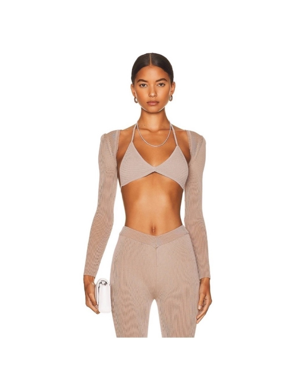 Seroya Ribbed Beige Shrug and Bralette Set